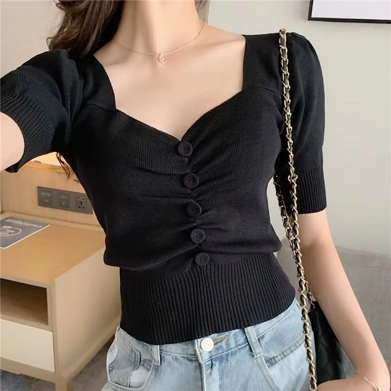 Short-Sleeve Knitted Crop Top – Y2K Style Sweetheart Neck