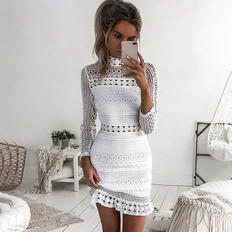 Robe Femme Sexy Dentelle Blanche Épissure Creuse Robes de Fête Élégantes Courtes Mini Été Printemps Manches Longues Vêtements Vestidos
