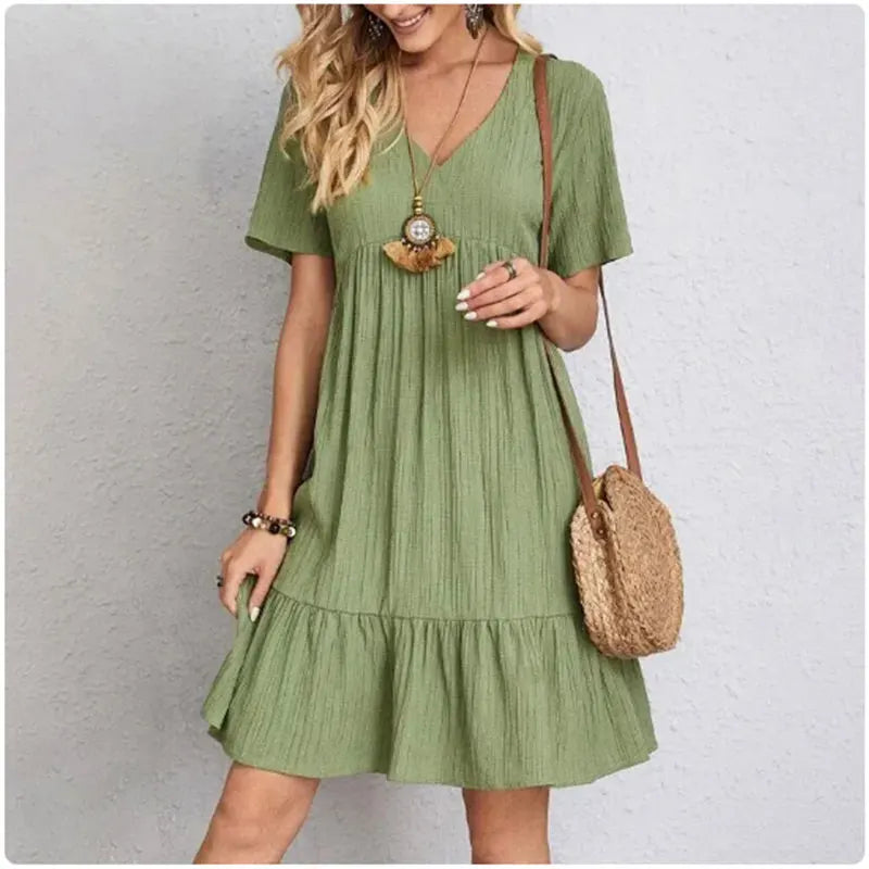 Peplum Dress with V-Neck and Short Sleeves – Flowy, Ruffled Cut