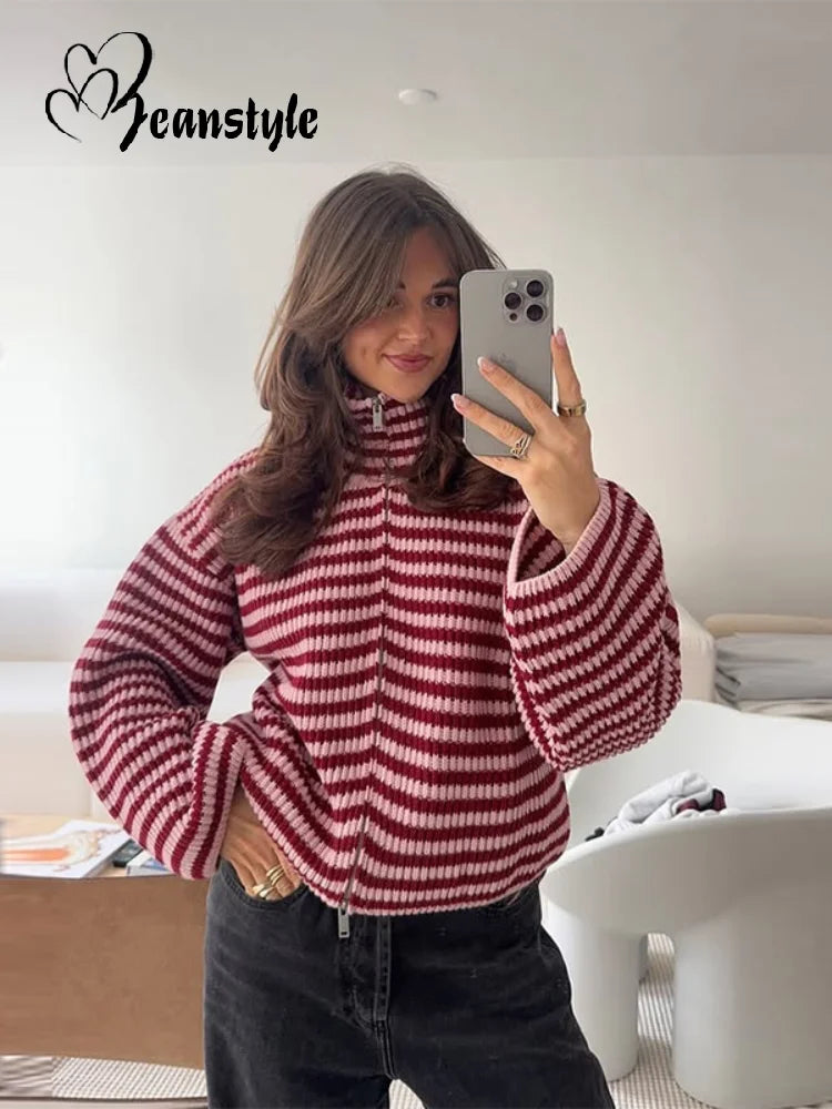 Casual Turtleneck Knitted Ribbed Women Sweater Loose Full Sleeve Zippers Cardigan 2026 Spring Fashion Lady Minimalist Outerwear
