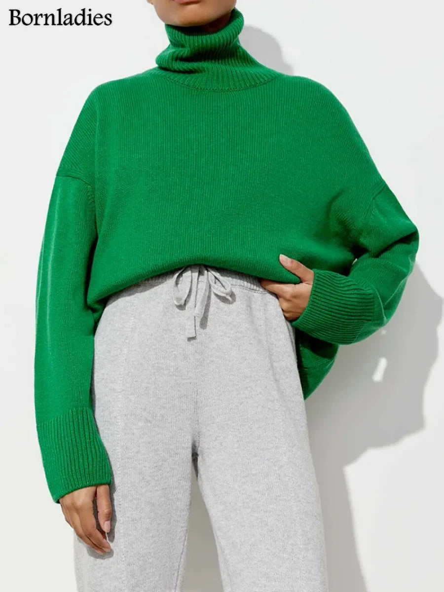 Bornladies Women Turtleneck Sweater CHIC Autumn Winter Thick Warm Pullover Top Oversized Casual Loose Knitted Jumper Female Pull