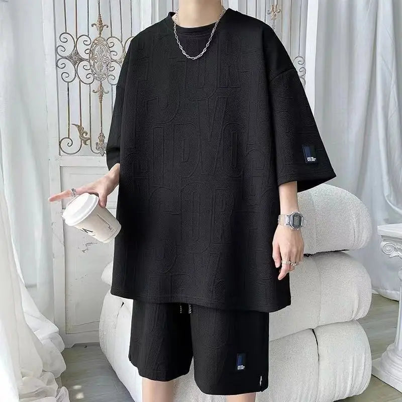 2026 3D Men's new Waffle  Summer Suit  Casual T-shirt + Shorts Suit Men's Tracksuit Solid color tracksuit loose suit