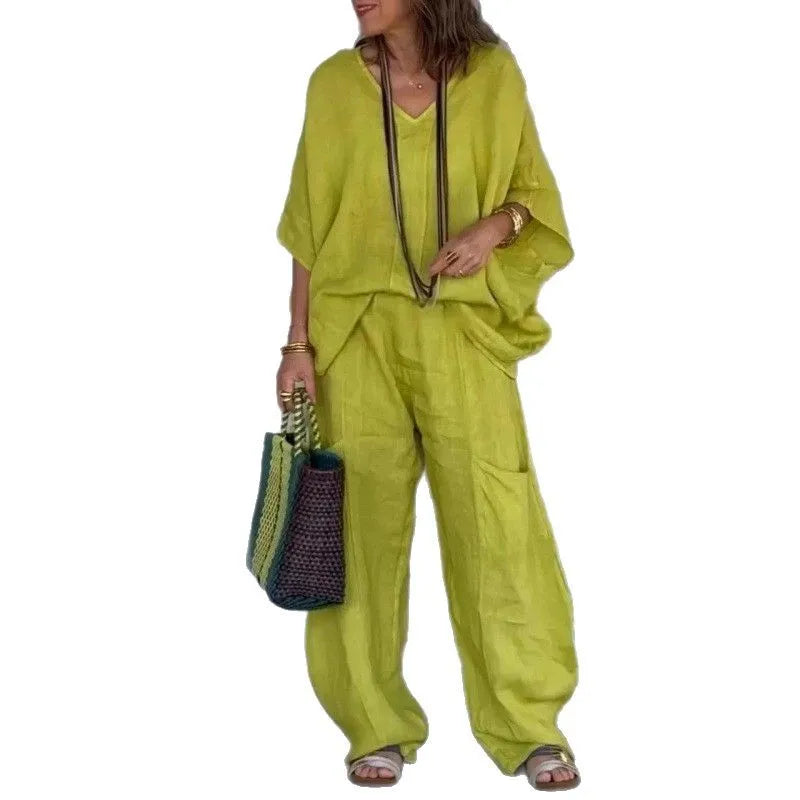 Ensemble Femme Lin Coton Printemps Été - Top Col V Pantalon Large