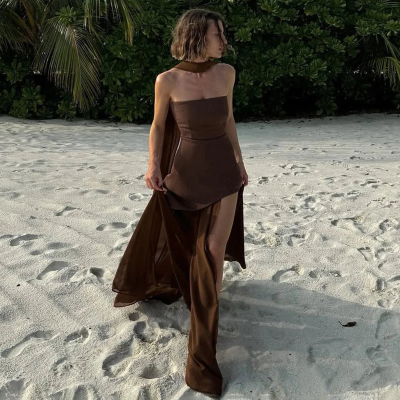 Tornova 2025 Nouvelle robe bustier avec ruban élégante sans manches en maille pour femme, longue robe de plage pour les vacances, mode printemps femme