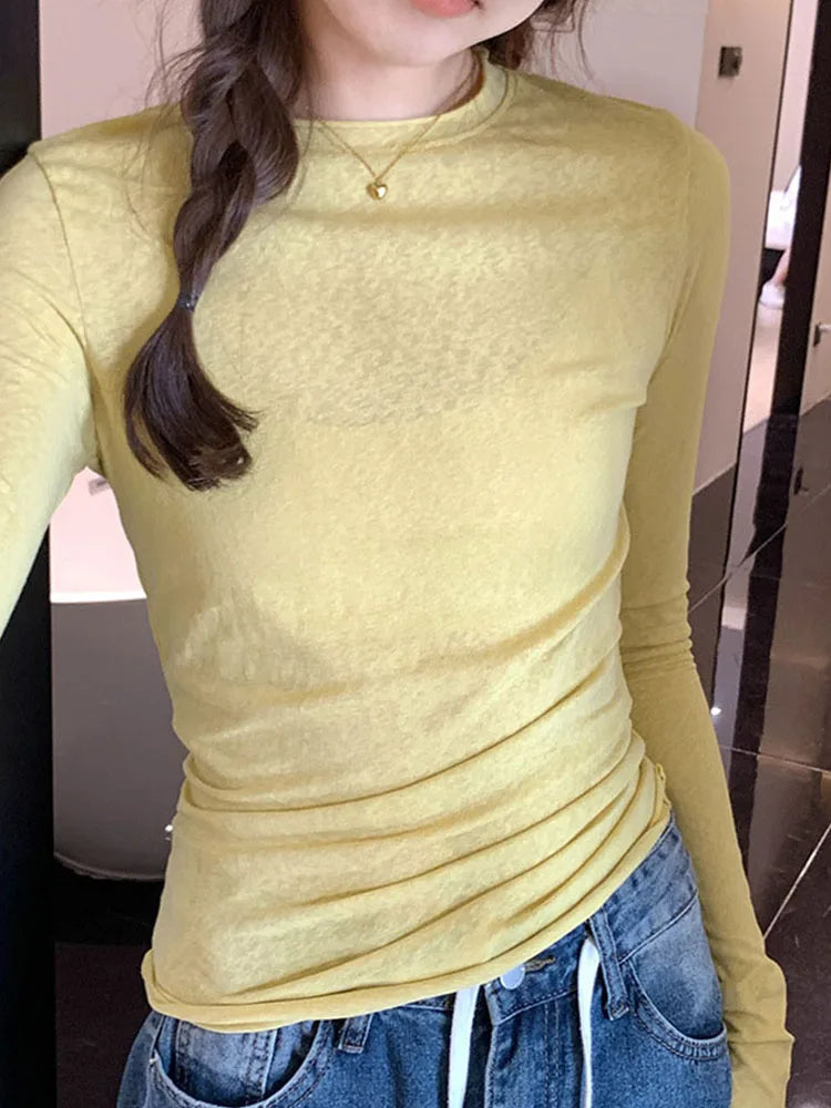 2026 Spring Autumn T shirt Women Tops Solid Slim Fit Long Sleeve O Neck Tshirts Female Casual Streetwear High Quality Base Tees