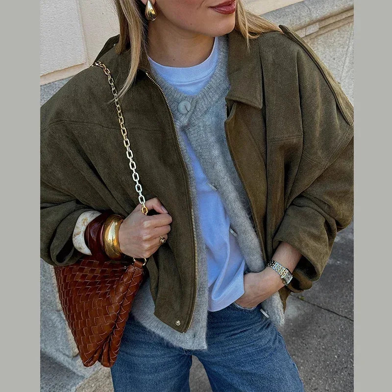 Women's Bomber Jacket – Suede Zip-Up Long Sleeves with Pockets | Streetwear Style