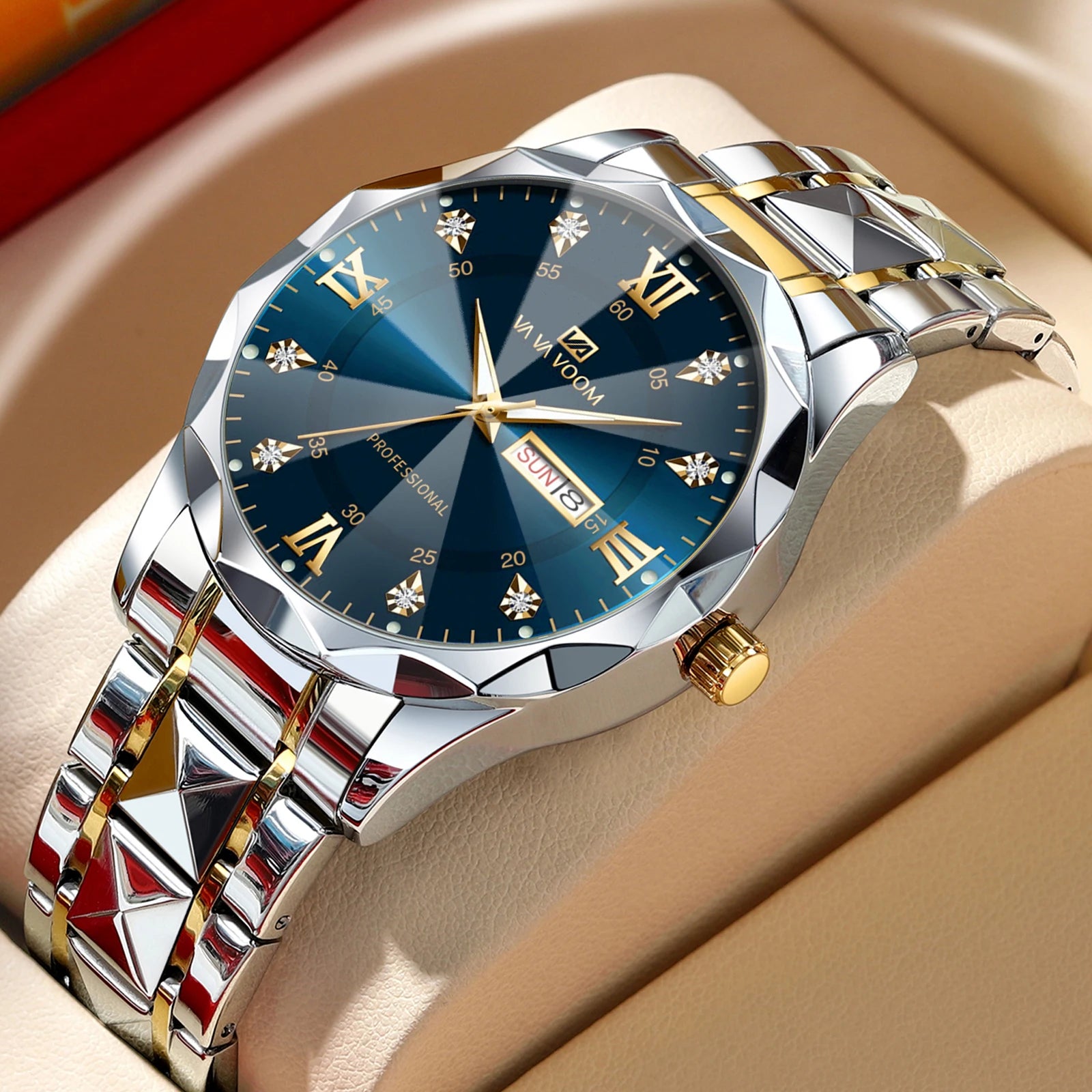 2026 New Men's Watch Fashion Rivet Stainless Steel Strap Luxury Water Diamond Diamond Luminous Blue Gold Dial Business Men Watch