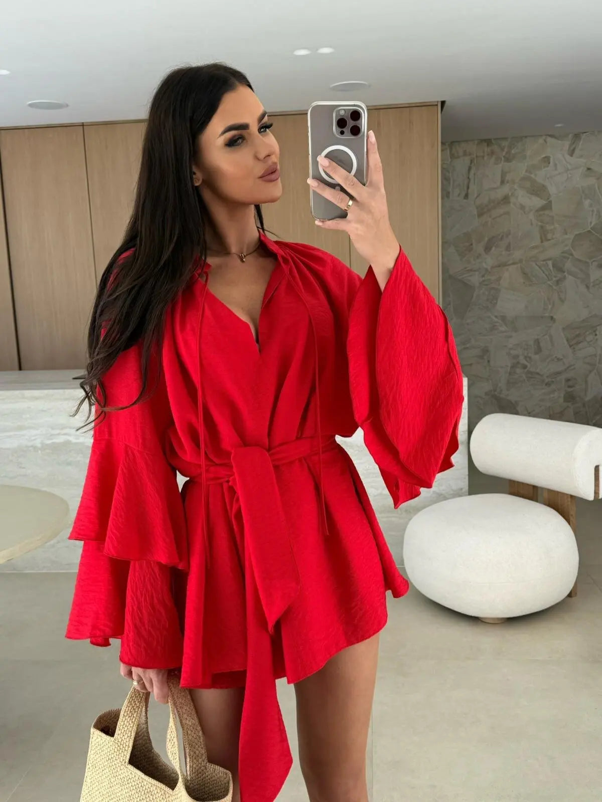 Fashionable Lotus Leaf Sleeve Irregular Short Dress Spring Summer New Women's Solid Color Sexy V-neck Long Sleeved Loose Dress