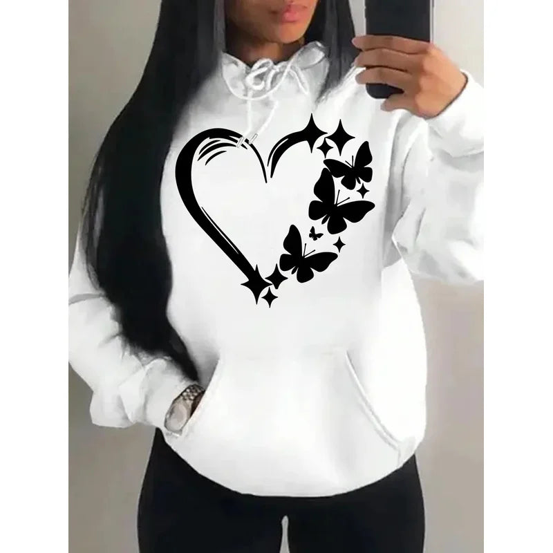Sweat à capuche Femme Motif Amour et Papillon Hip Hop Streetwear Poches Vêtements Rétro Multicolore