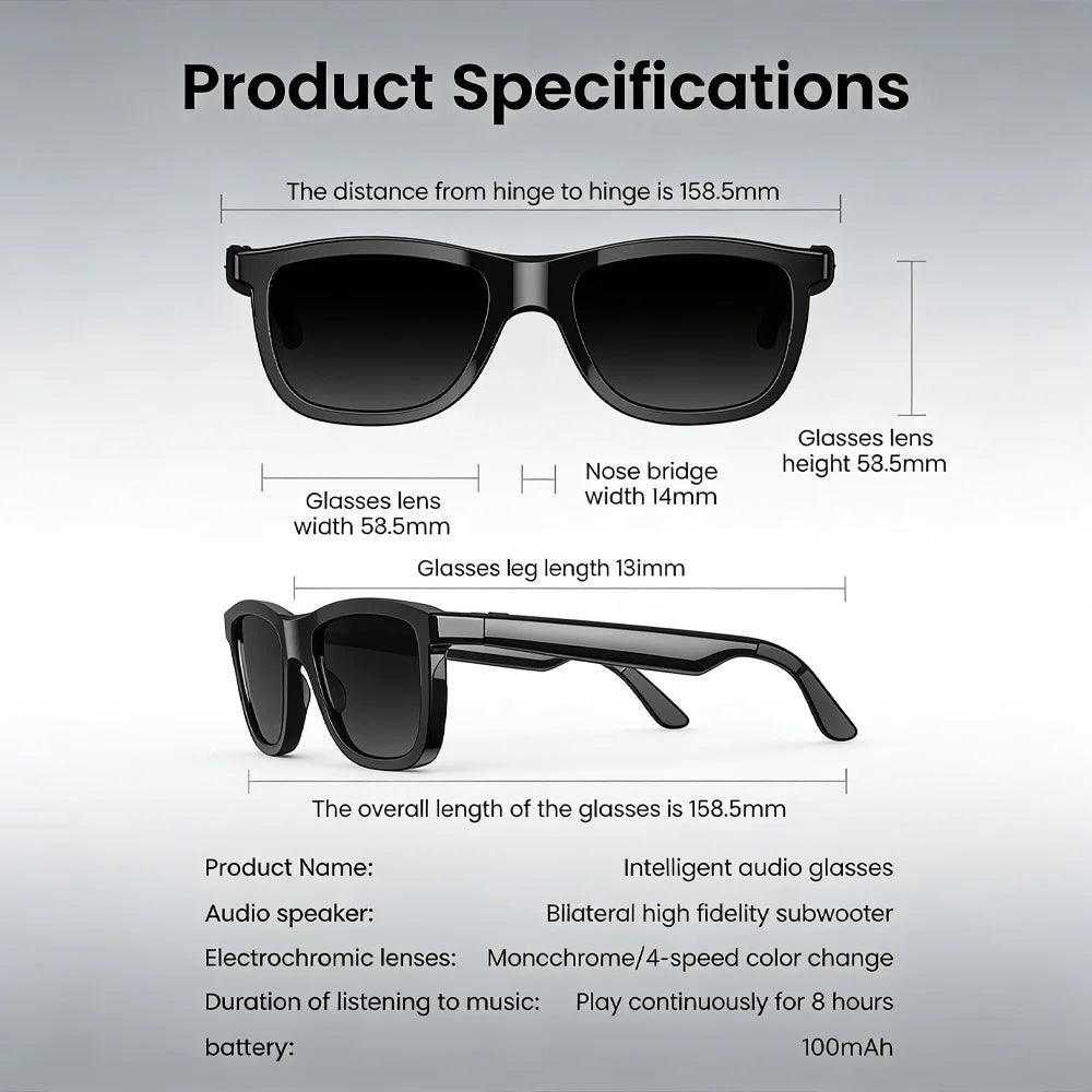 Nouvelles Lunettes Audio Intelligentes Bluetooth Lunettes de Soleil Commande Tactile Verres Photochromiques Double Micro Annulation du Bruit Son Clair Appels Mains Libres