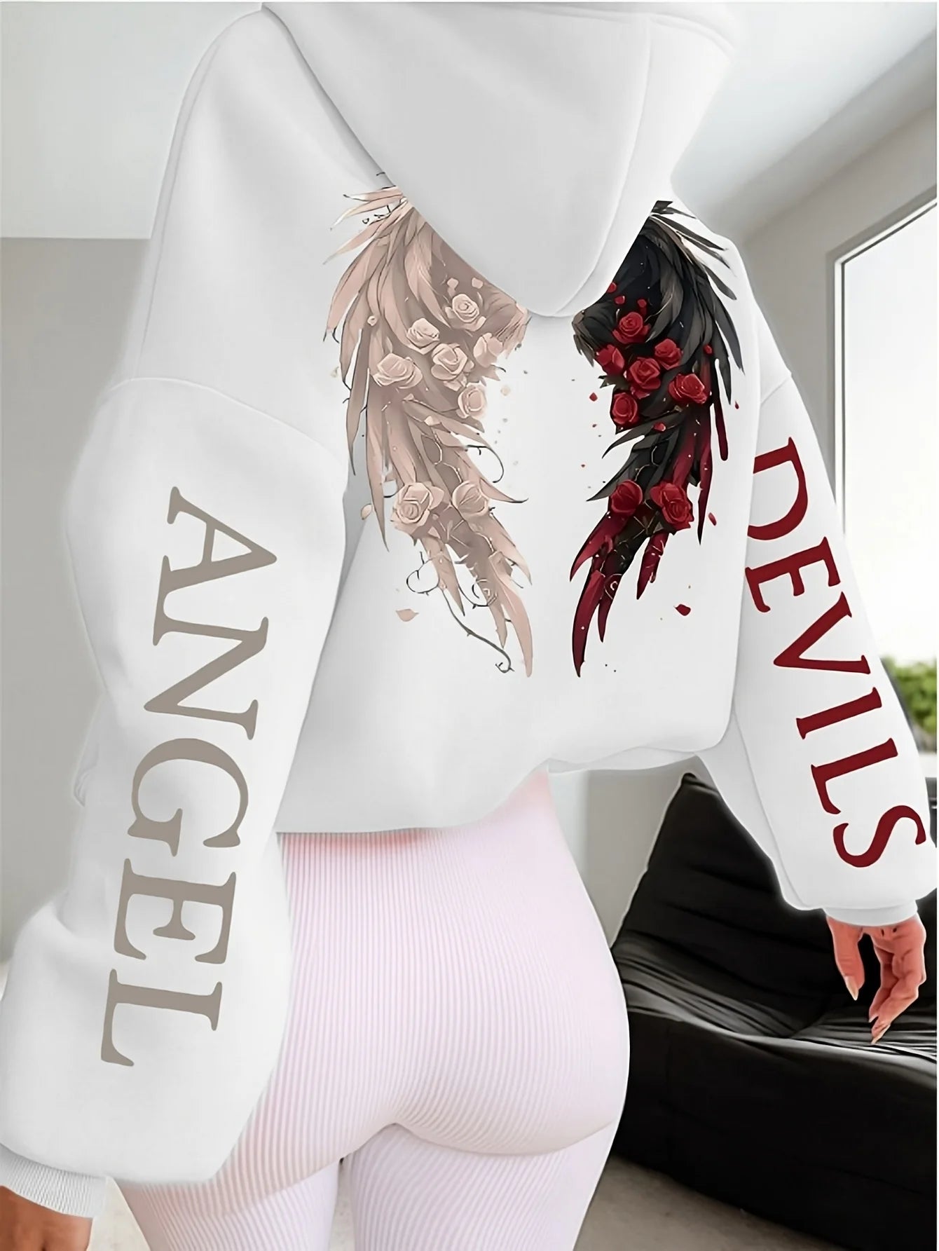 Women's Plus-size Hooded Sweatshirt Gothic Angel and Demon Pattern Autumn and Winter Fleece Streetwear Oversized Loose Casual