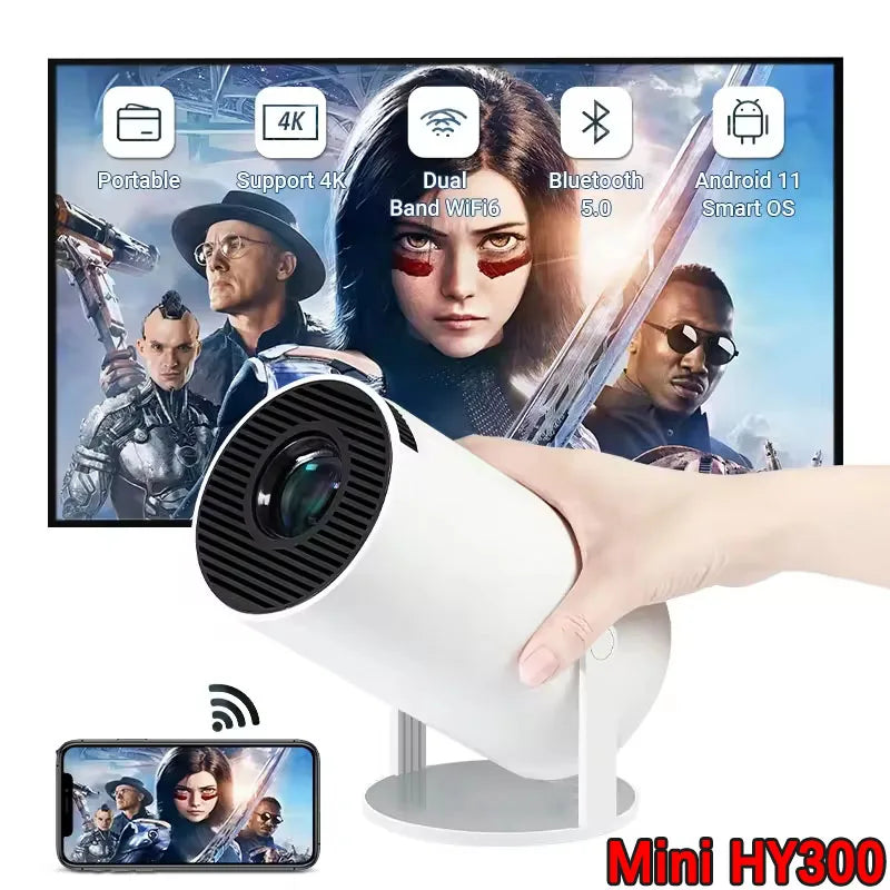Projecteur Portable HY300 4K Android 11 - Mini Vidéoprojecteur WiFi6 260 ANSI Lumens
