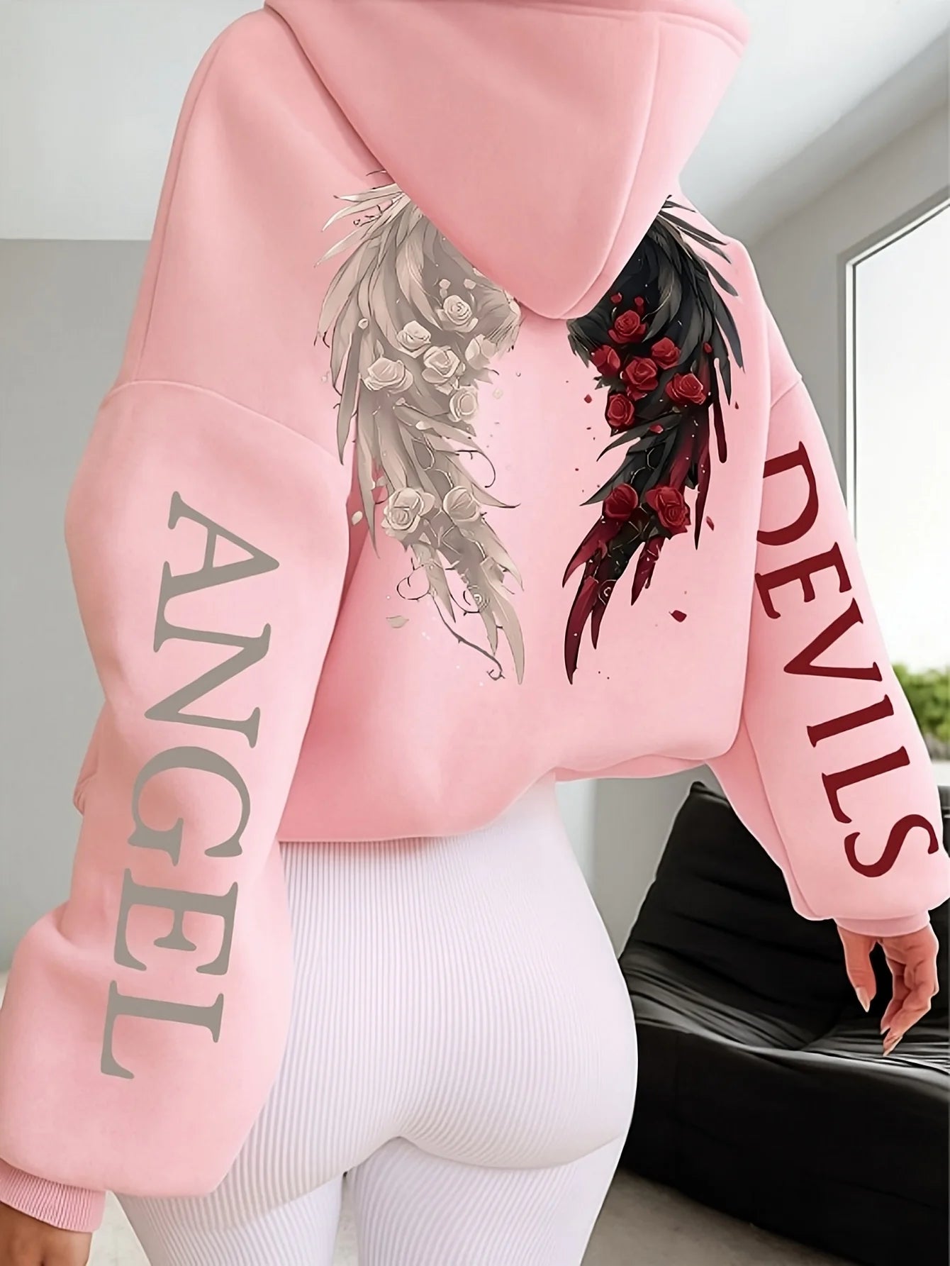 Women's Plus-size Hooded Sweatshirt Gothic Angel and Demon Pattern Autumn and Winter Fleece Streetwear Oversized Loose Casual