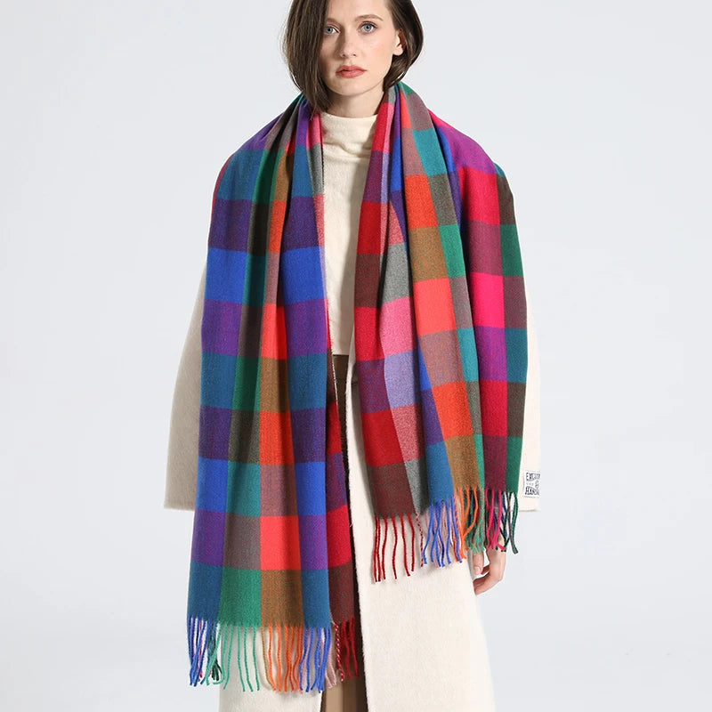 Women's Checkered Shawl Scarf – Soft & Warm Cashmere | 14 Colors