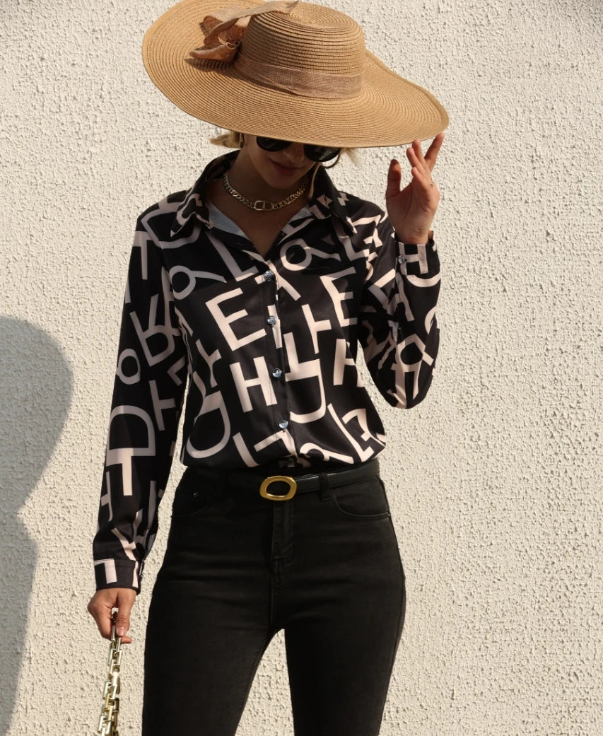 Elegant Women's Fashion Blouse 2026 Spring/Summer Digital Print Shirt Commuter Slim Fit Office Female Tops