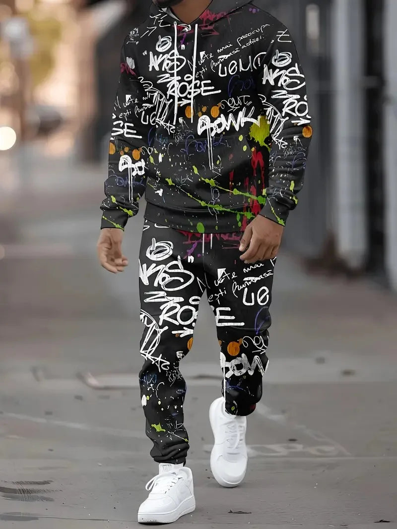 Men's 3D Graffiti Hoodie Set – Casual Spring/Autumn Sweatshirt