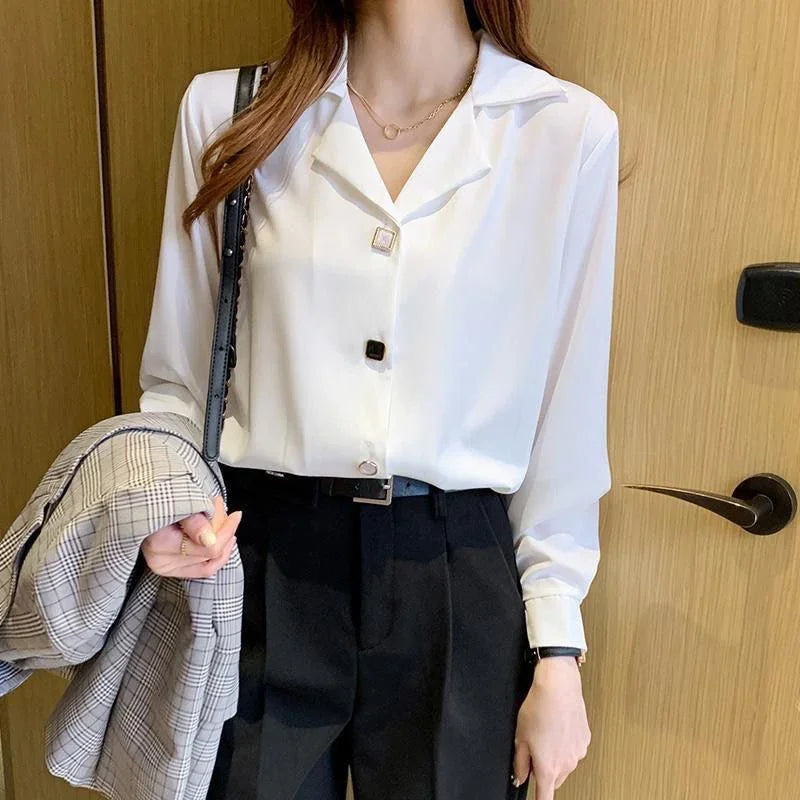 Spring Autumn Elegant Women Shirts 2025 Solid V Neck Buttons Chiffon Blouse Loose Casual Korean Trendy Black Straight Mujer Tops