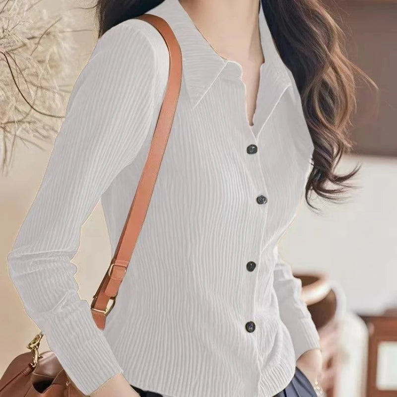 Spring Autumn New Korean Lazy Button Blouse Polo Neck Long Sleeve Solid All-match Fashion Shirt Tops Office Trend Women Clothing