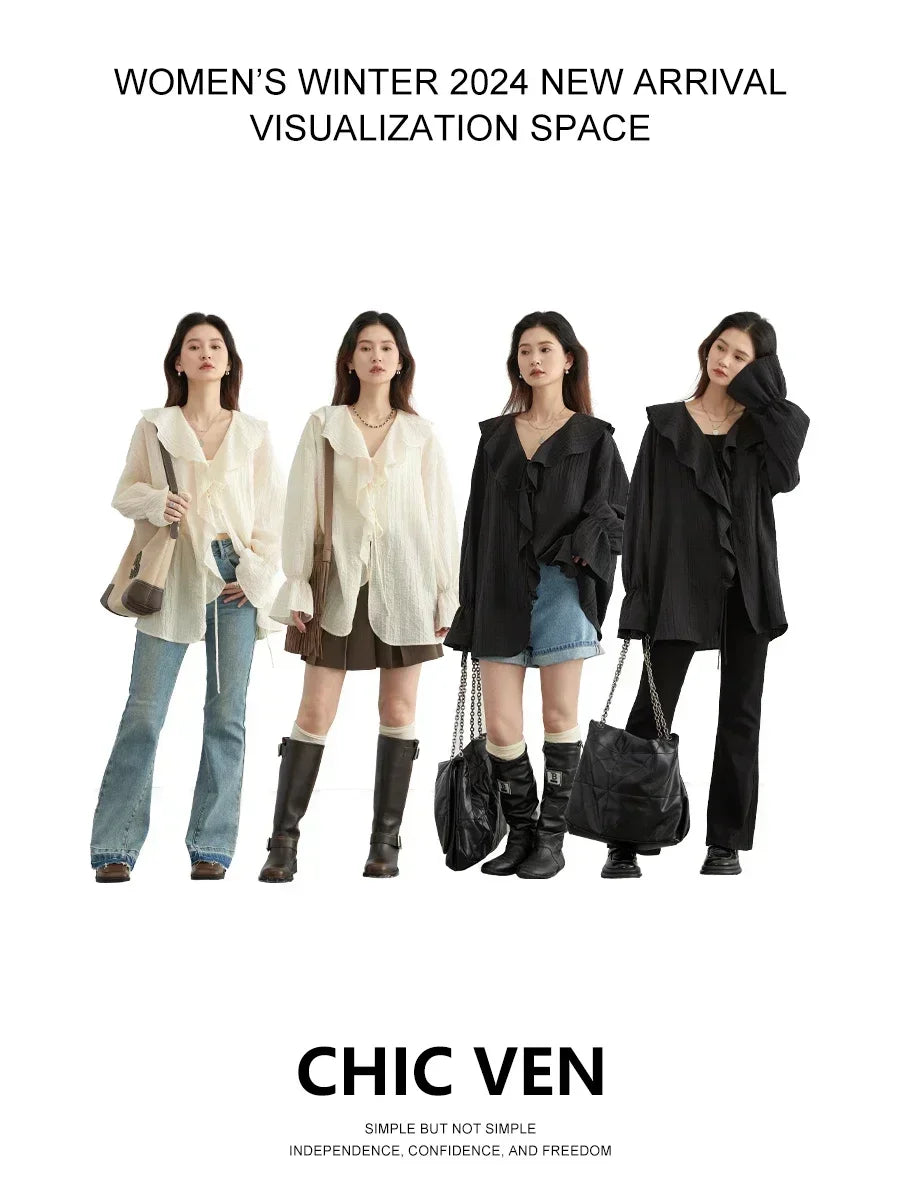 CHIC VEN Women Shirt Loose Casual Ruffled Edges Female Blouses Solid V Neck Lace Up Mid Length Ladies Shirts Spring Summer 2026