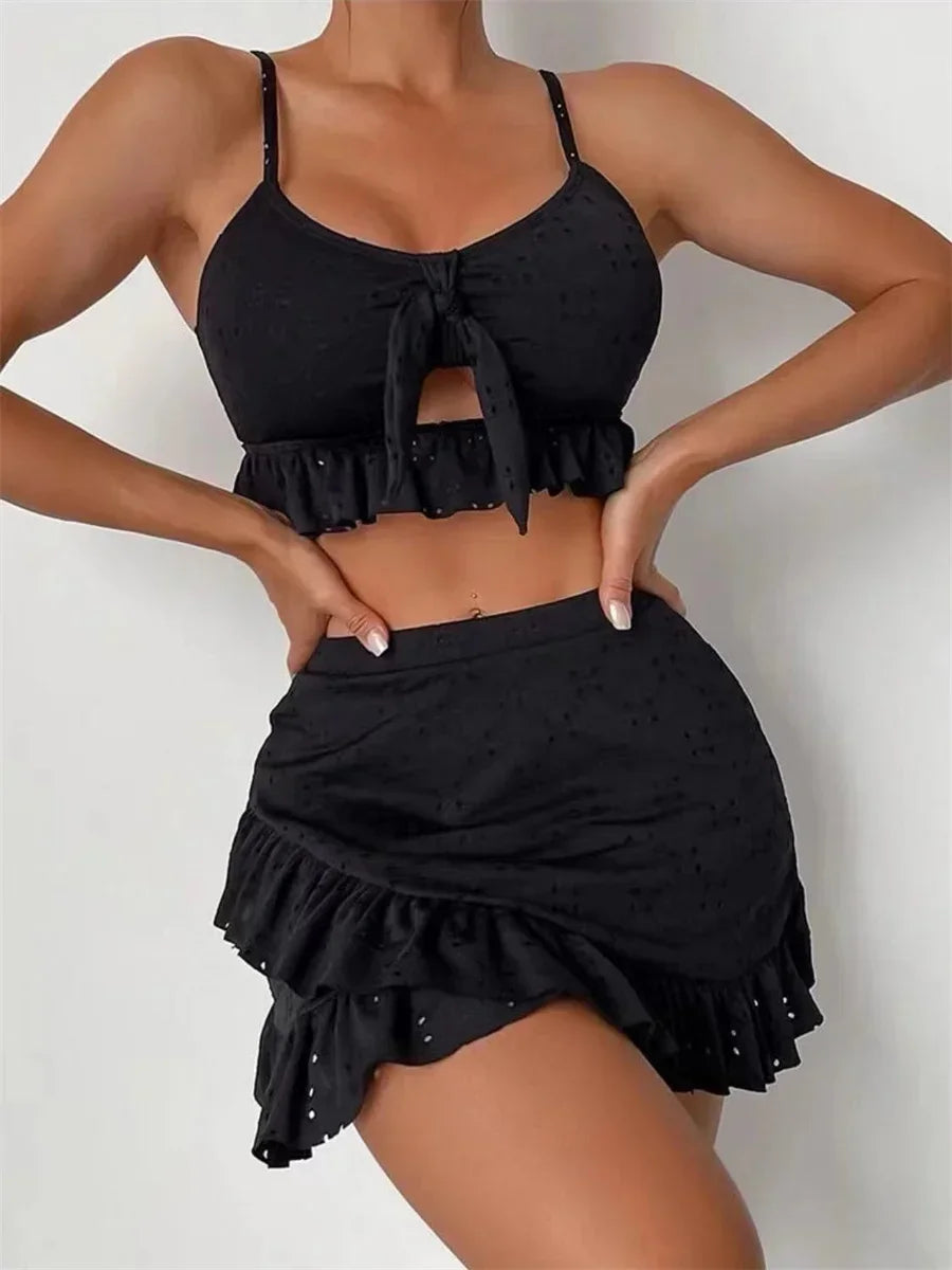 Sexy White 3 Piece Bikinis Set 2026 Women Halter Cut Out Tie Up Ruffles Push Up Skirt Swimsuit Bathing Suit High Waist Swimwear