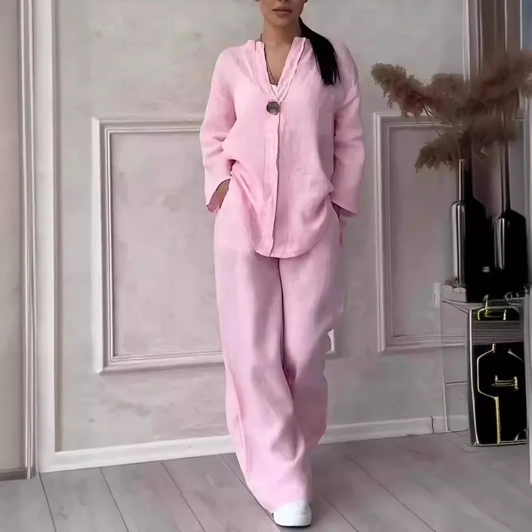 Cotton Linen Sets Two 2 Pieces Sale Casual Long Sleeve Button Loose Blouse Shirt&High Elastic Wide Leg Loose Pant Suits