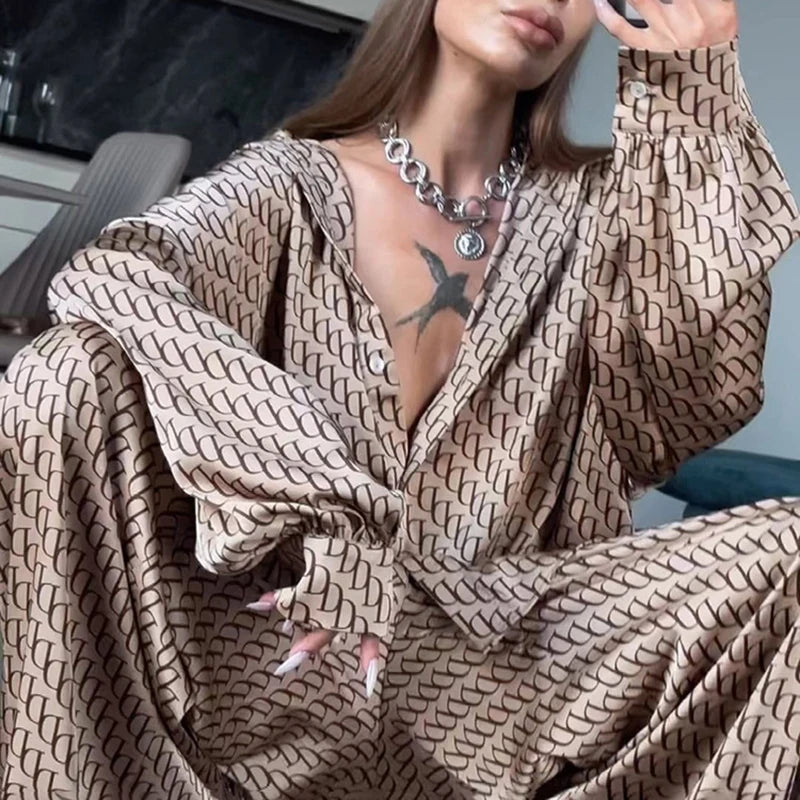 Ensemble Satin Imprimé Streetwear - Chemise & Pantalon Large