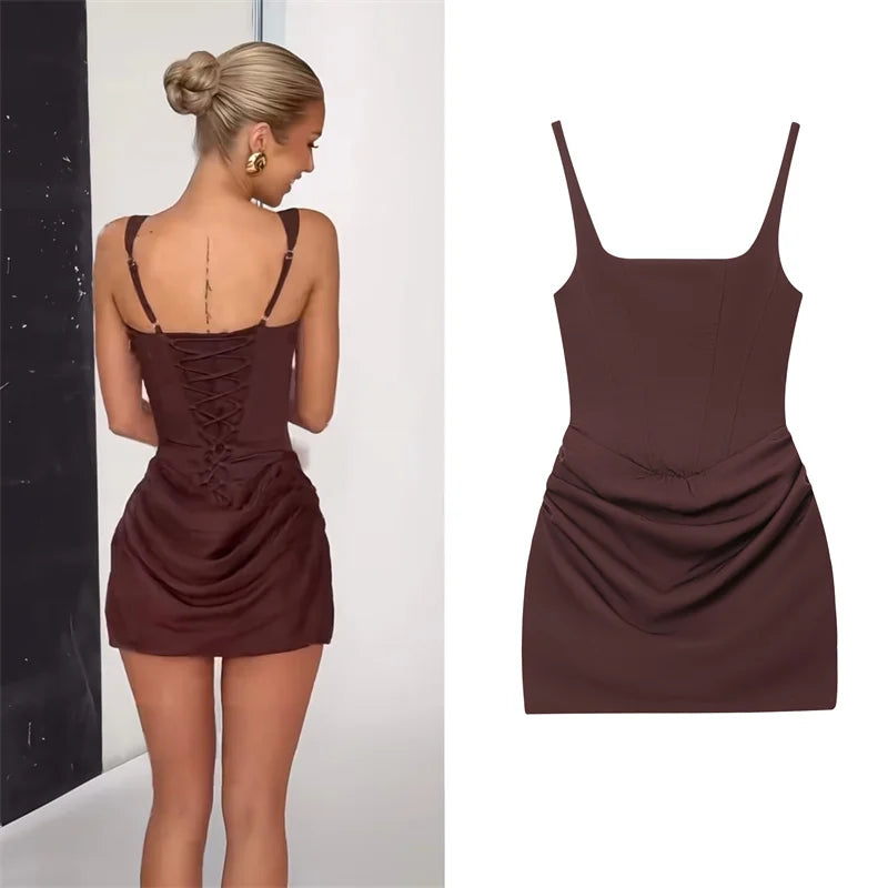 Women's Dress 2026 Autumn New Arrivals Reddish-Brown Spaghetti Strap Sexy Bodycon Mini Dress with Tie Details Stylish and Unique