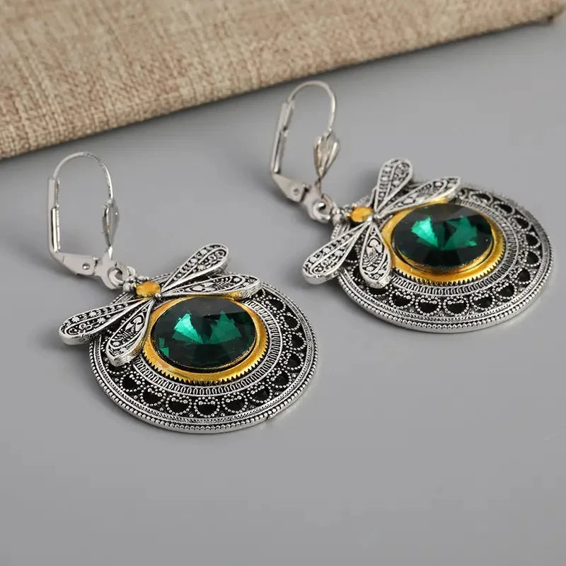 Ethnic Retro Green Crystal Dragonfly Earrings, Women's Creative Unique Party Vacation Jewelry Accessories