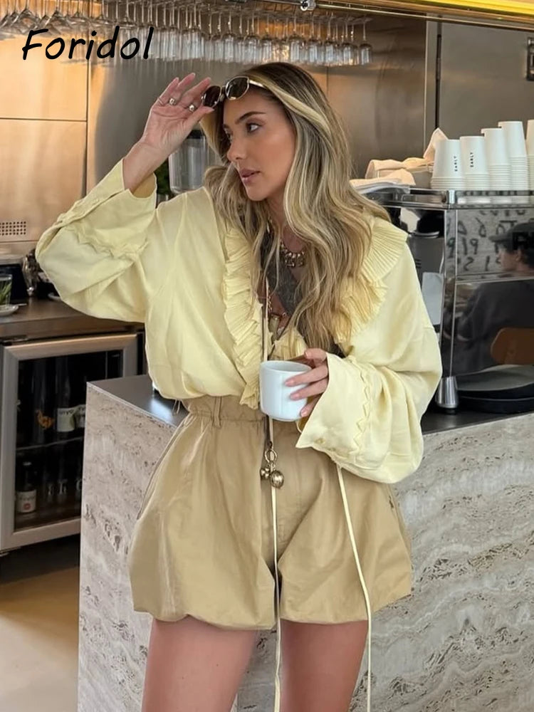 Ensemble assorti blouse jaune et jupe pour femmes, deux pièces décontractées amples, nouvelle collection printemps été 2025, ensemble robe couleur unie