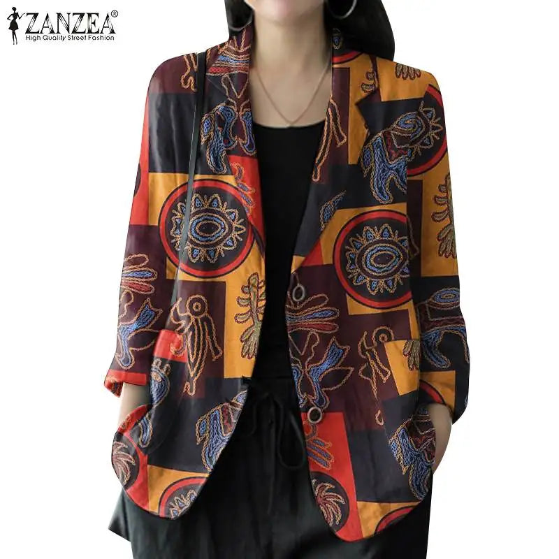 Women's Vintage Printed Blazer – Long Sleeves, Cotton, Autumn/Winter