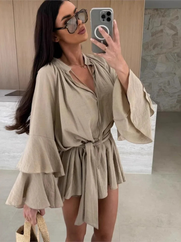 Fashionable Lotus Leaf Sleeve Irregular Short Dress Spring Summer New Women's Solid Color Sexy V-neck Long Sleeved Loose Dress