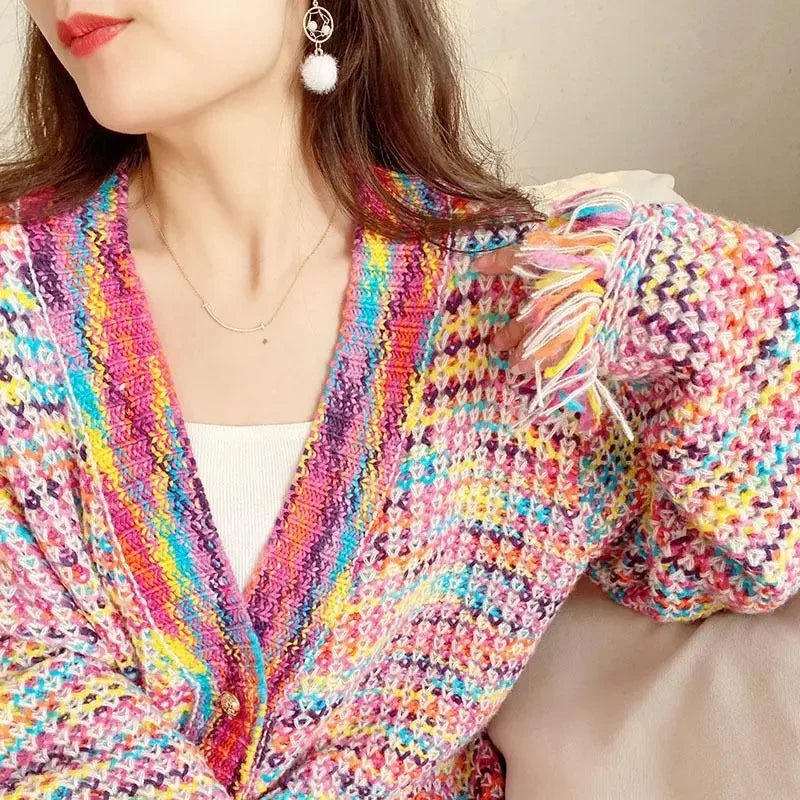 Spring Autumn New Rainbow Gentle Little Fragrance Flowing Suede Sweater Coat for Women's Loose and Lazy Knitted Cardigan Outwear