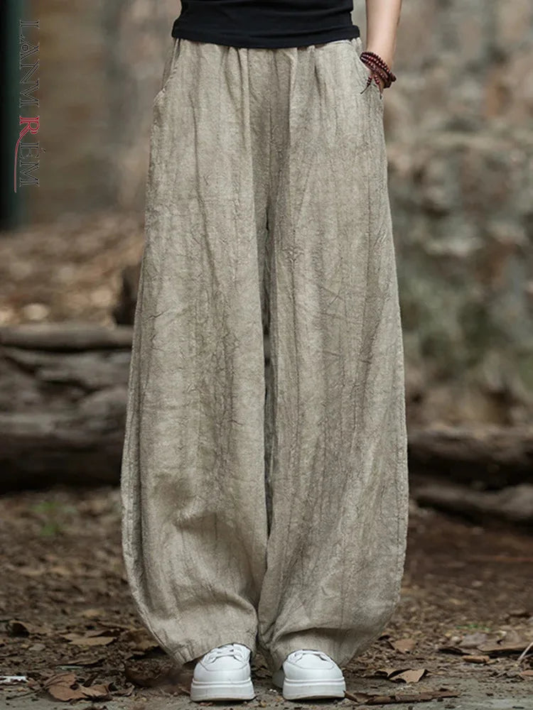 LANMREM Casual Cotton Linen Lantern Pants Women Elastic High Waist Solid Color Versatile Trousers 2025 Spring New 2Z2136