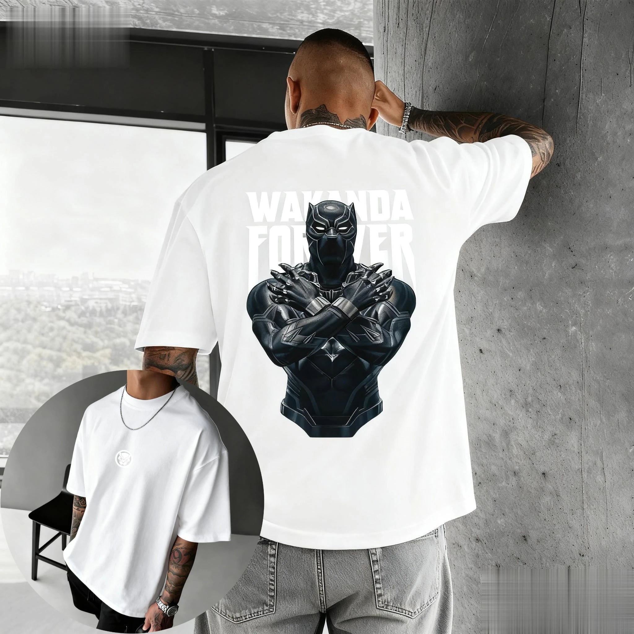 The Man's Multi-color T-shirt with Black Panther Pattern and Striped Background Design Is A Surprising Casual Streetwear