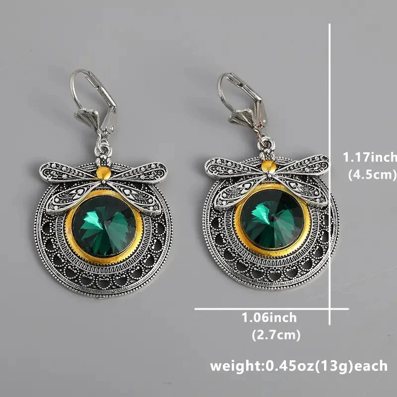 Ethnic Retro Green Crystal Dragonfly Earrings, Women's Creative Unique Party Vacation Jewelry Accessories