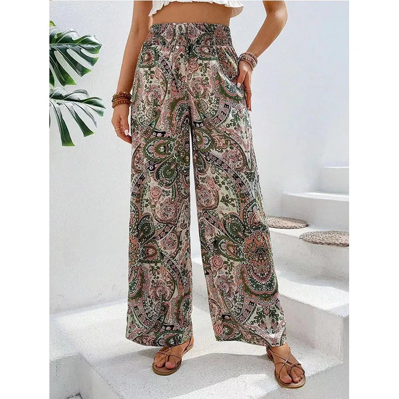 Fashion Vintage Print Wide-leg Pants Women Casual High-waisted Trouser 2026 Spring Summer Office Lady Clothes Streetwear
