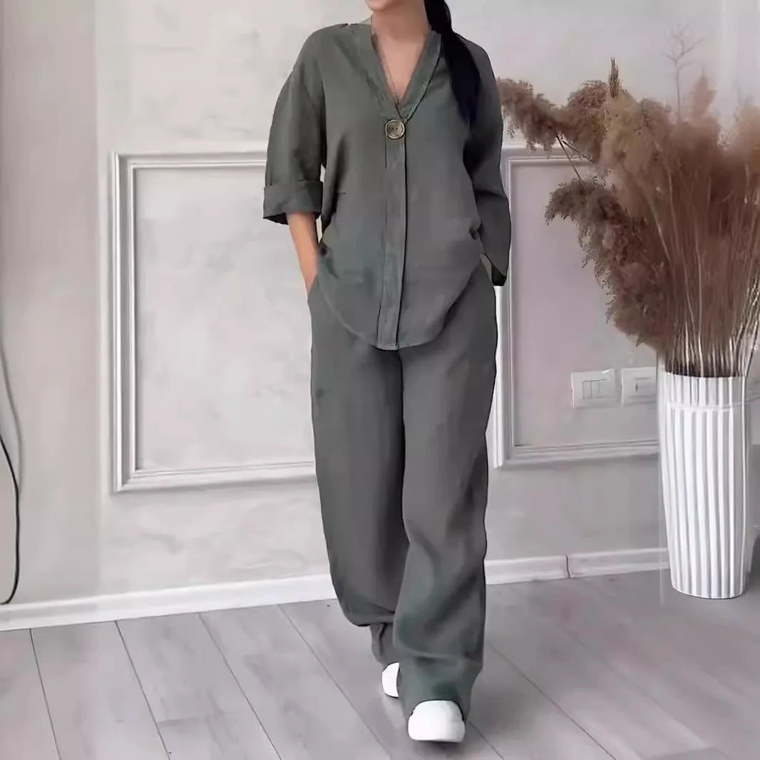 Cotton Linen Sets Two 2 Pieces Sale Casual Long Sleeve Button Loose Blouse Shirt&High Elastic Wide Leg Loose Pant Suits