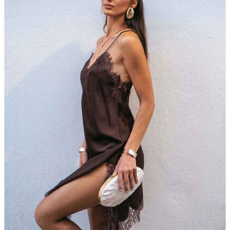 Lace Slip Mini Dress Women Satin Backless Summer Dress Woman Asymmetric Party Women's Dress Sexy Beach Dresses for Women