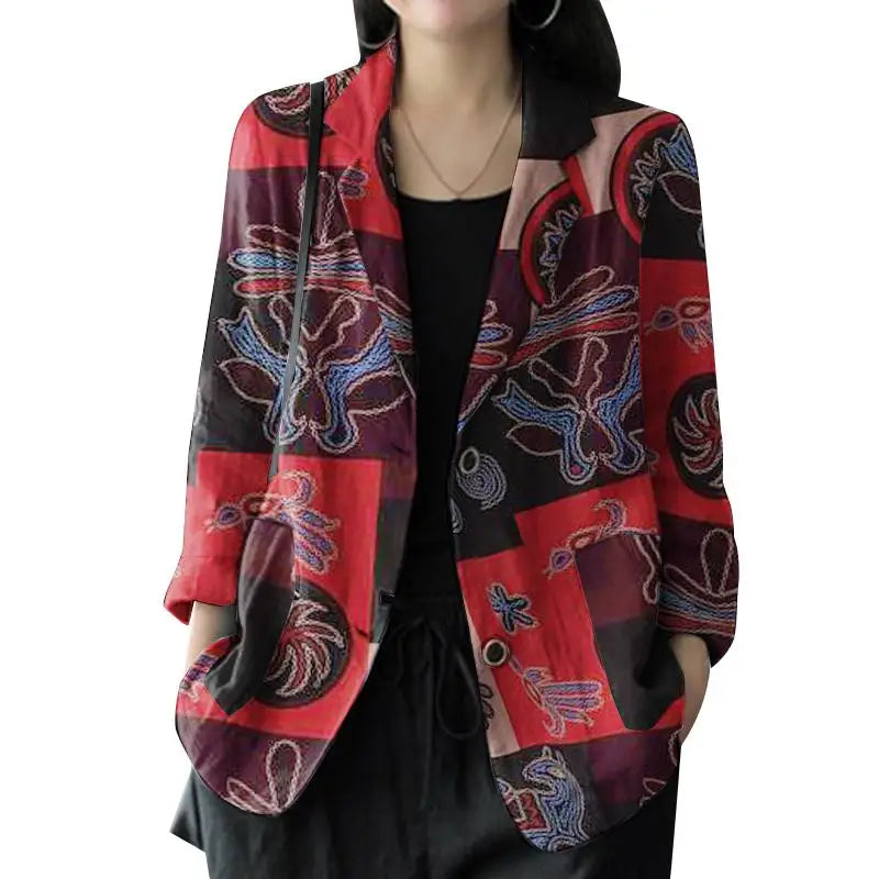 Women's Vintage Printed Blazer – Long Sleeves, Cotton, Autumn/Winter