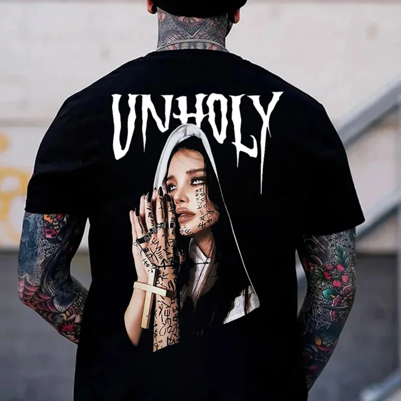 UNHOLY Tattooed Nun With Cross Necklace Graphic Black Print T-Shirt Gothic Sweatshirt  Hoodie Y2K Summer Oversized Man
