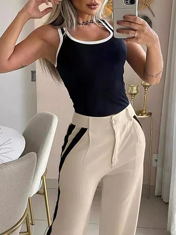 Ensemble 2 pièces pour femme – Débardeur col en V et pantalon large rayé taille haute