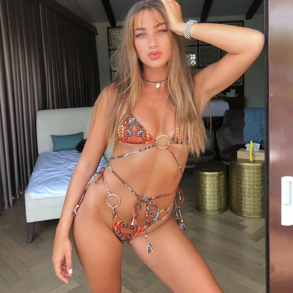 2026 New Sexy Low Bikini Set Swimwear Women Print Floral Brazilian Halter Backless Swimsuit Strappy Beachwear Dot biquini female