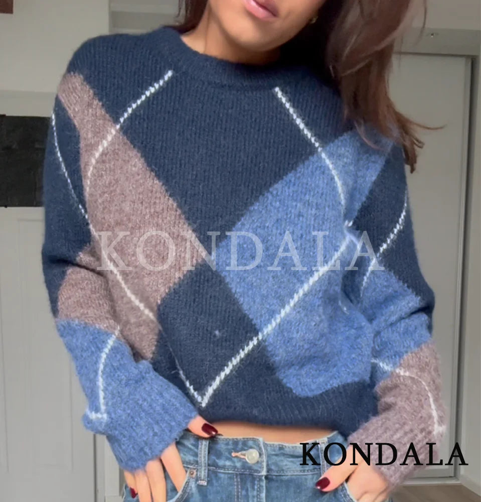 KONDALA Trendy Casual Contrasting Sweater Women Elegant Rhombus Knitted Sweater 2026 Spring Fashion Holidays Chic Female Sweater
