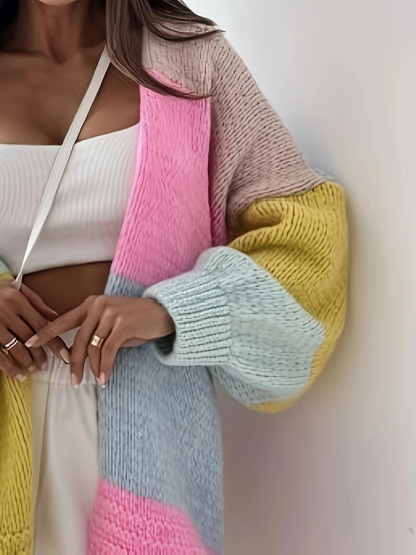 Cardigan Femme Automne Hiver - Gilet Tricot Couleurs Contrastées