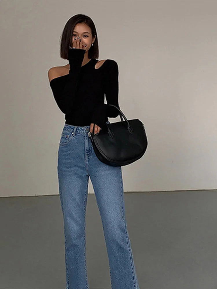 Asymmetrical Off-Shoulder Neck T-Shirt – Slim Fit Cutout Crop Top