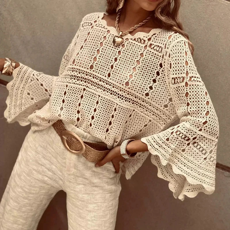 Spring Summer Lace Crochet Women's White Shirts 2026 New Hollow Out Beach Bohemian Cover Up Tees Female Long Sleeve Knitted Tops