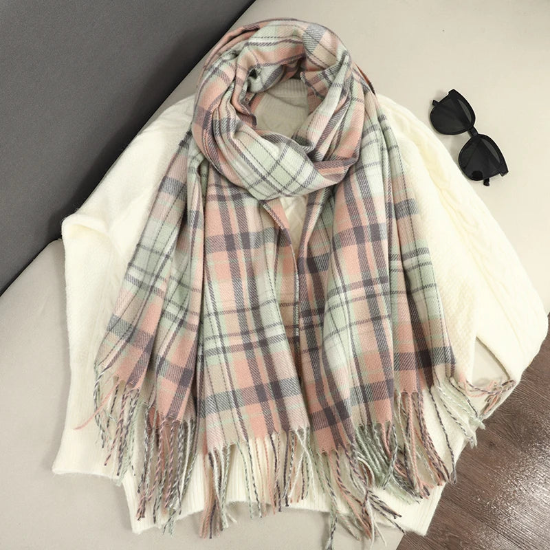 Women's Checkered Shawl Scarf – Soft & Warm Cashmere | 14 Colors