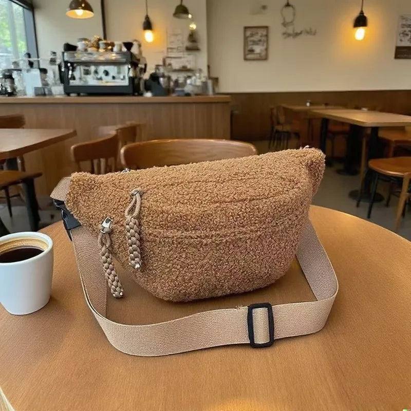 Women's Casual Solid Color Plush Material Chest Bag, Fashionable Daily Commuting Waist Bag, Plush Crossbody Shoulder Bag