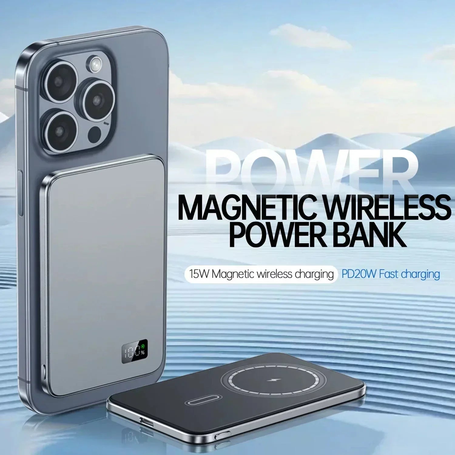 For IPHONE Ultra-thin 500000mAh Mobile Power Bank MagSafe Magnetic Wireless Fast Charging Portable Electronic Display For iPhone