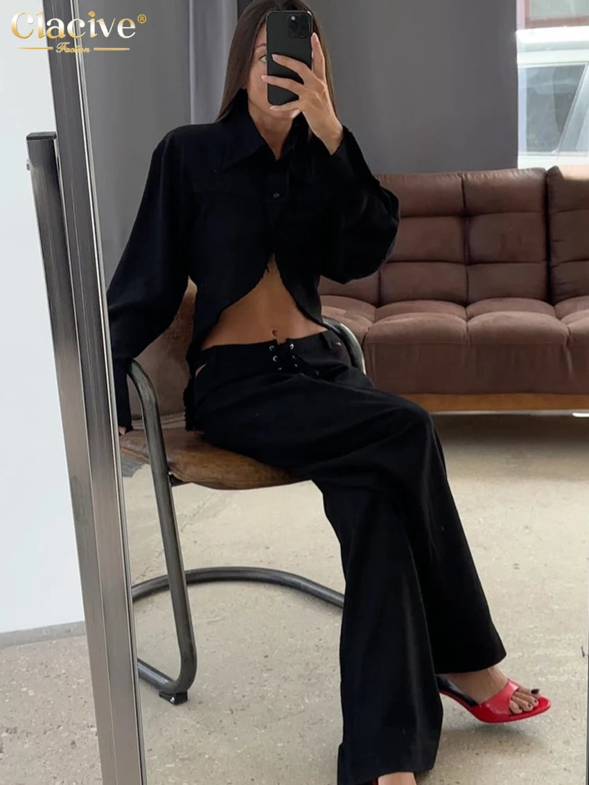 Clacive Fashion Loose White Linen Women's Two Pieces Set 2026 Elegant Long Sleeve Shirt With Mid Waist Wide Pants Set Streetwear